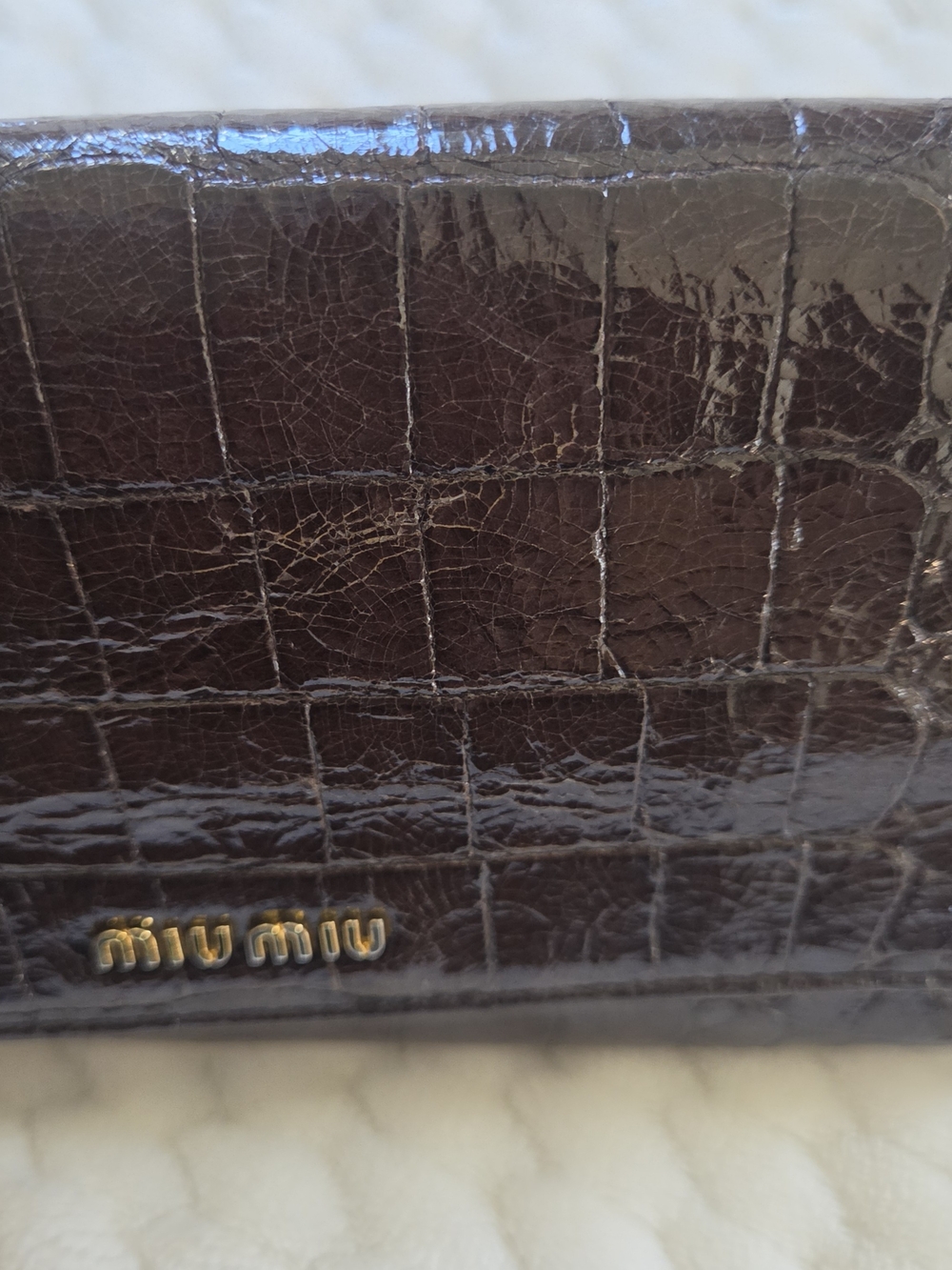 Miu Miu Croc-Embossed Leather Key & Card Holder in Dark Brown with Gold Logo - Picture 8 of 16